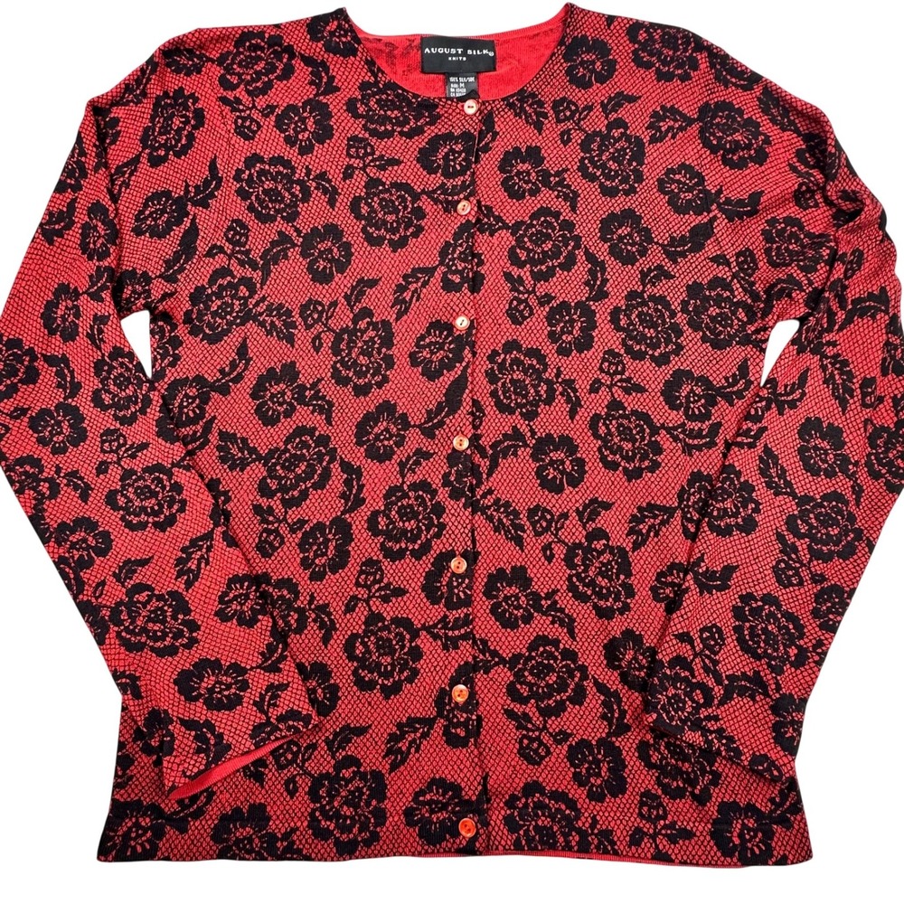 August Silk Knits‎ 100% SILK Red Black Floral Lace Pattern Cardigan Sweater M